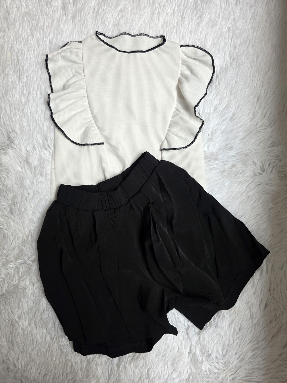 Kids White Ruffle Sleeve with Black Short Set
